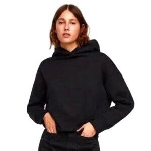 🆕 Zara Girls' Black Cropped Oversized Stretchy Knit Sweater with Hood